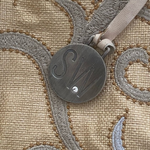 Stuart Weitzman Woven Fabric Leather Hobo Bag Cream Tan Sky Blue Tote Bag Charm - Picture 10 of 12